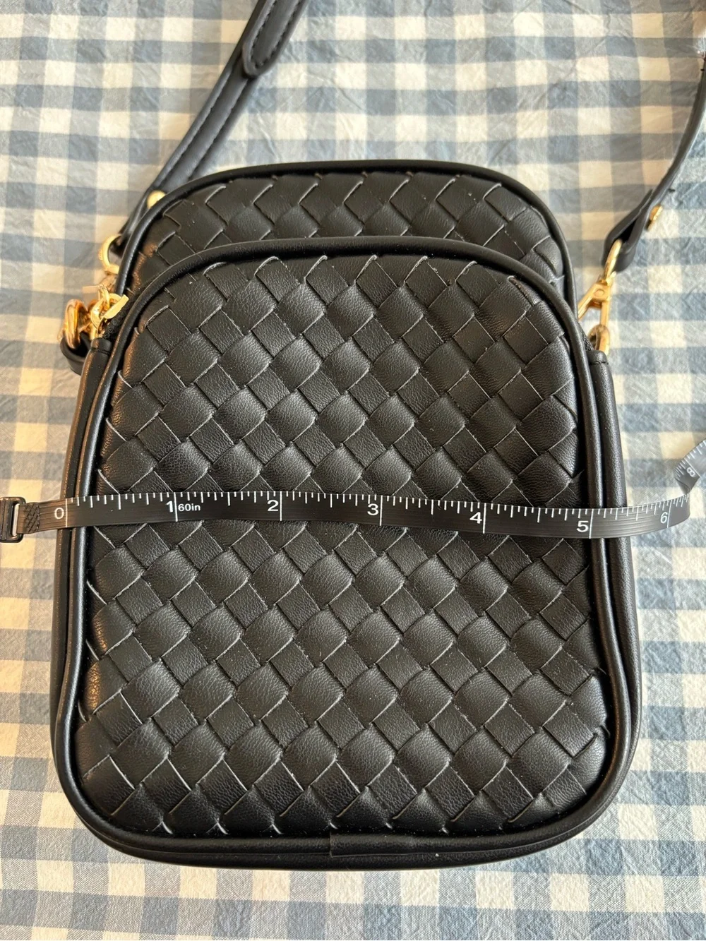 Black Woven Crossbody Bag with Gold Hardware